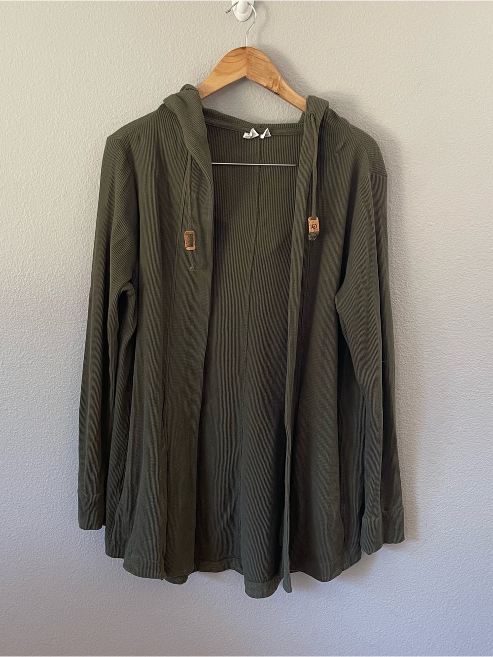Tentree Waffle Knit Organic Cotton Olive Open Front Hooded Cardigan Size XL